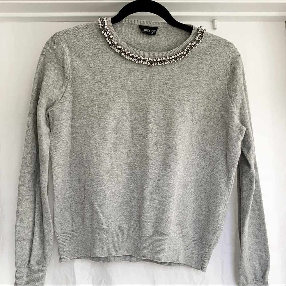 TOPSHOP grey sweater w/ crystal neckline